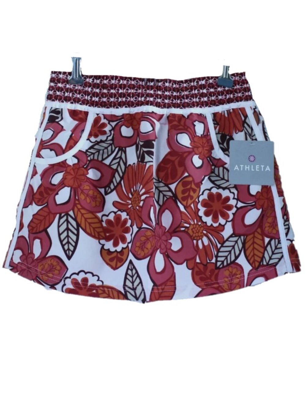 ATHLETA RED FLORAL TROPICAL PRINT, ELASTIC WAIST, BACK POCKET, SIZE XXS
